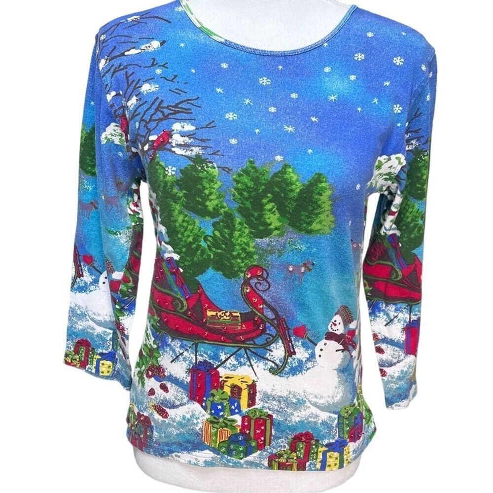 Jane Ashley Y2K Christmas Top All Over Novelty Print Small Abstract 3/4 Sleeve